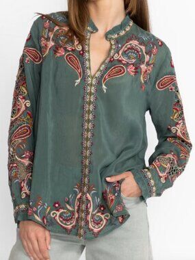 Johnny Was Simone Embroidered Teal Blue Blouse XXL